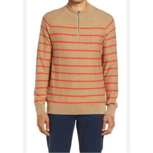 Nordstrom Open Edit NEW Cotton Blend Tan & Orange Stripe 3/4 Zip Knit Sweater M